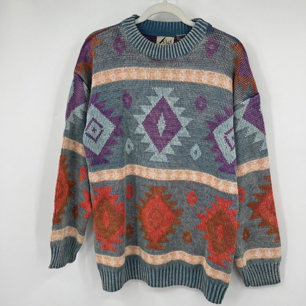 Vintage Kiya 80s 90s sweater grandpa aztec tribal geometrical print men's size m - Picture 7 of 12